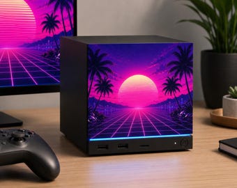 Synthwave Steam Machine Faceplate UV Printed Front Panel | Retro Neon Sunset Grid Art | Custom Mini PC Cover | Gamer Gift