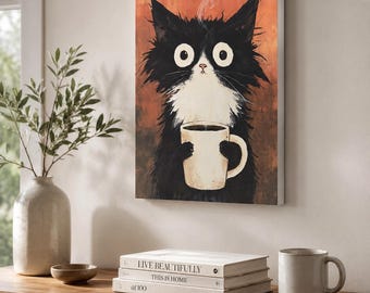Funny Tuxedo Cat Coffee Canvas Art, Whimsical 12x16 Print, Kitchen Wall Decor