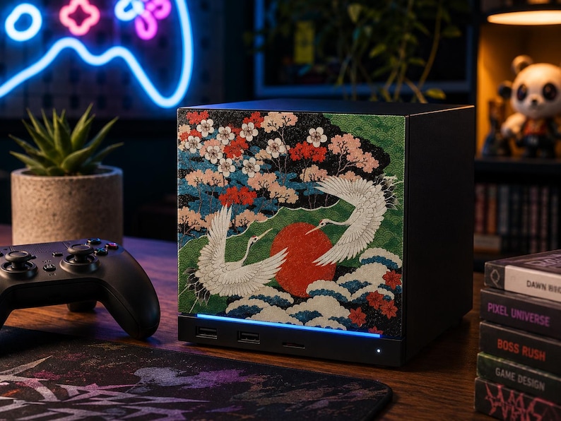 May include: A black square gaming console featuring a decorative front panel with a detailed illustration of two white cranes, a large red sun, stylized blue waves, and pink cherry blossoms. The device has a thin horizontal light strip at the base.