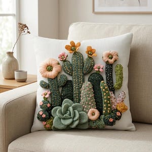 Peut inclure: Un coussin blanc décoratif avec un motif brodé de cactus et de succulentes. Le coussin présente différentes nuances de vert, de rose et d'orange, avec des coutures et des textures détaillées. Le coussin est posé sur un canapé beige.