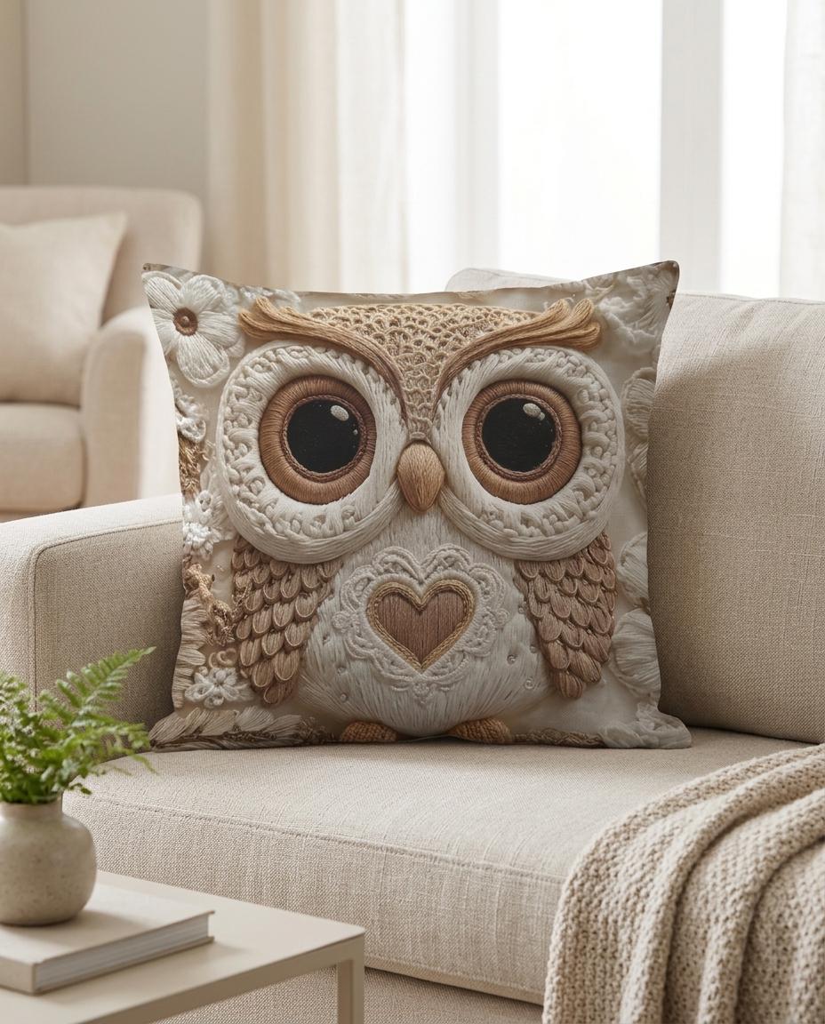 Owl Pillow Cover &ndash; Cute Woodland Cushion, Neutral Cottagecore Decor, Cozy Animal Pillow, Rusti