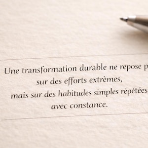 Peut inclure: Gros plan d'un stylo avec un corps en bois posé sur une page avec du texte en français. Le texte dit : "Une transformation durable ne repose pas sur des efforts extrêmes, mais sur des habitudes simples répétées avec constance."
