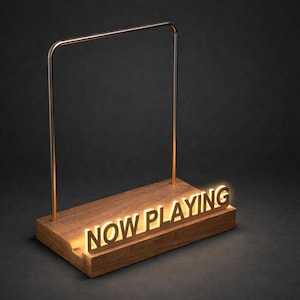 "Now Playing" Illuminated Vinyl Record Holder - LED Display Stand for Record Sleeves - Wooden and Metal Base - Audiophile Decorative Accessory