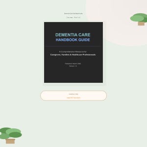 Pode incluir: Um manual digital intitulado "Dementia Care Handbook Guide" com uma capa cinza escuro. O texto da capa inclui o título e o subtítulo "A Comprehensive Resource for Caregivers, Families & Healthcare Professionals". Publicado em março de 2020, Versão 1.0.