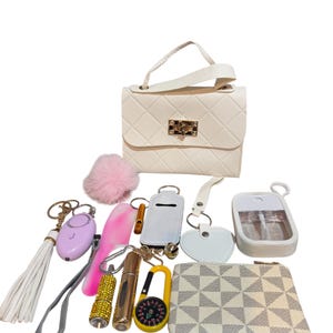 Può includere: Un assortimento di accessori color crema, tra cui una piccola borsa, portachiavi, un pettine e un portamonete. La borsa ha un design trapuntato e una chiusura dorata. Altri articoli includono un pompon rosa, un allarme personale e una bussola.