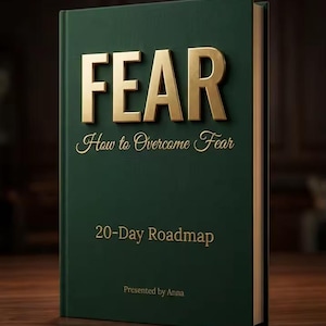 Puede incluir: Un libro de tapa dura con una cubierta verde oscuro y letras doradas. El título "FEAR" se muestra de forma destacada, con el subtítulo "How to Overcome Fear" debajo. El texto adicional dice "20-Day Roadmap" y "Presented by Anna".