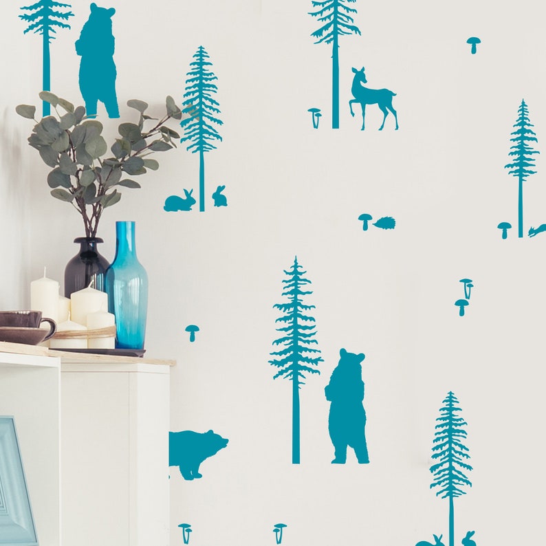 Bear and Tree Decal Sticker Woodland Animals Sticker Pack 172 Woodland Decor for Kids Rooms or Baby Nursery Woodland Wall Decals