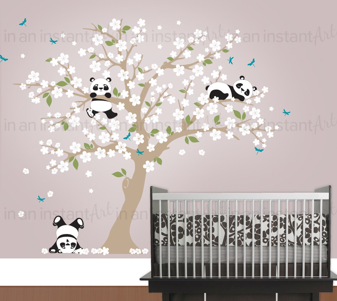 Cherry Blossom Panda Wall Decal Botanical Panda Wall Sticker Etsy