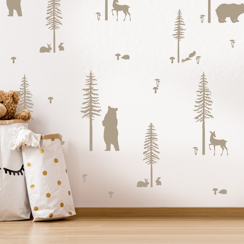 Bear and Tree Decal Sticker Woodland Animals Sticker Pack 172 Woodland Decor for Kids Rooms or Baby Nursery Woodland Wall Decals