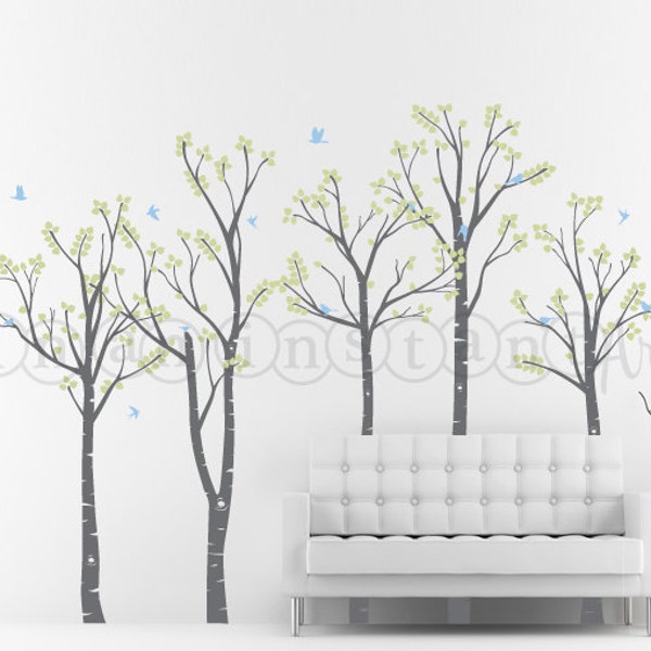 Birch Forest and Flying Birds Wall Decal, Birch Tree Wall Decal for Home Decor, Nursery, Kids or Childrens Room 005