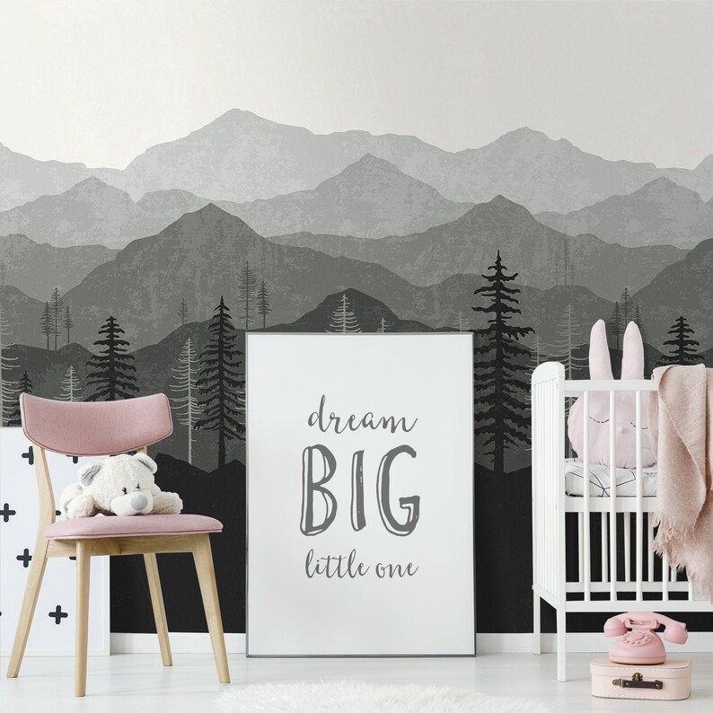 Mountain Wallpaper Woodland Wallpaper Forest Black Ombre Mural Wallpaper Dark Wall Mural Kids Wallpaper Removable Wallpaper W1079