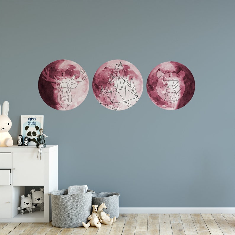 Watercolor Constellation Moon Phases Wall Decals Galaxy Wall Mural Mountain and Woodland Animals Pink Kids Room P1042 Celestial Stickers