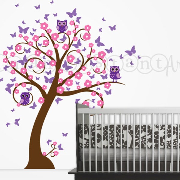Owl and Tree Wall Decal with Butterflies and Blossoms, Owl Blossom Butterfly Tree Wall Decal for a Baby Nursery, Kids or Childrens Room 044