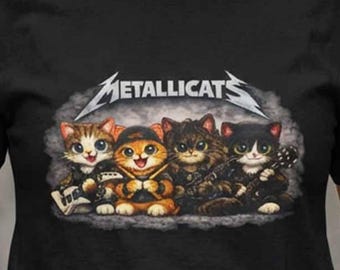 Camiseta com estampa gráfica da banda Metallica, com gatos e Metallicats.