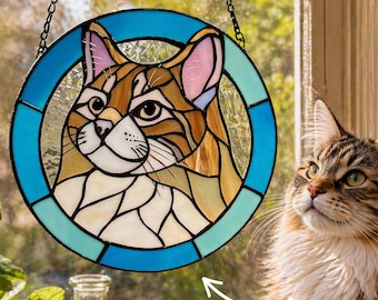 Retrato personalizado de mascota, atrapasol de gato en vidriera, regalo conmemorativo para amantes de los gatos, recuerdo para colgar en la ventana en memoria de una mascota fallecida. Decoración para el hogar.