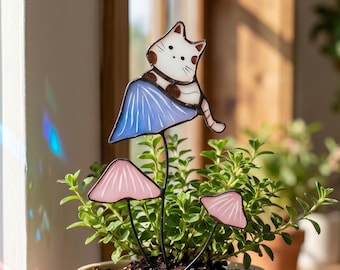 Atrapasueños de gato para maceta, estaca de seta de gato de vidrieras, regalo divertido de decoración para plantas para amantes de los gatos, lindo adorno para jardín, regalo de inauguración de casa