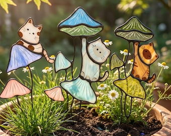 Estacas para plantas con forma de gato en vidrieras, estaca para jardín con forma de seta, decoración de gato hecha a mano, estaca para maceta de suculentas adorable, regalo para amantes de las plantas