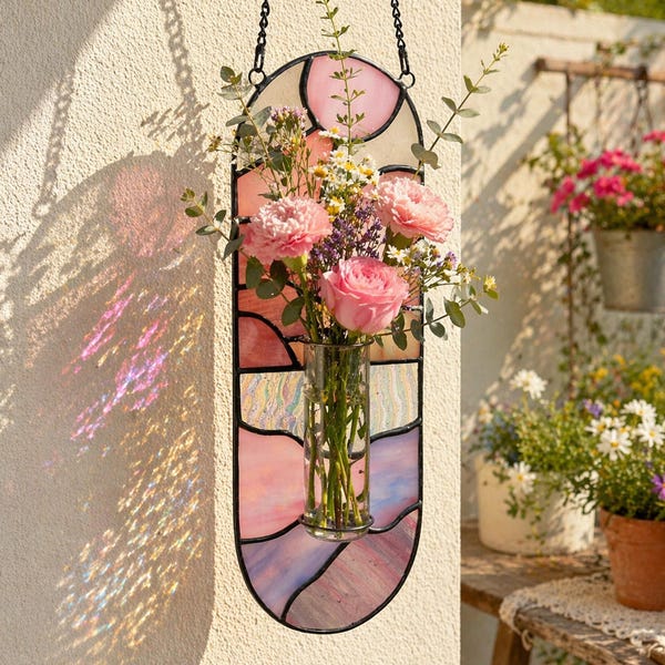 Stained Glass Propagation Vase, Hanging Glass Planter Suncatcher, Hydroponic Wall Decor, Handmade Boho Gift for Mom, Window Plant Holder