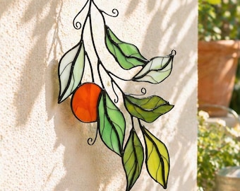 Atrapasueños de hojas de vidrieras, adorno botánico para ventana hecho a mano, arte en vidrio con frutas naranjas, regalo para decoración de jardín, regalo para amantes de la naturaleza