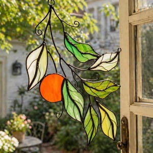 Stained Glass Orange Leaf Suncatcher, Sun Catchers Window Hanging, Indoor Plants Room Decor, Plant Lover Gifts, Garden Decor Gift for Her