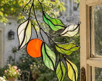 Atrapasueños de vidrieras con forma de hoja naranja, atrapasoles colgantes para ventanas, decoración de interiores para habitaciones con plantas, regalos para amantes de las plantas, regalo de decoración de jardín para ella.