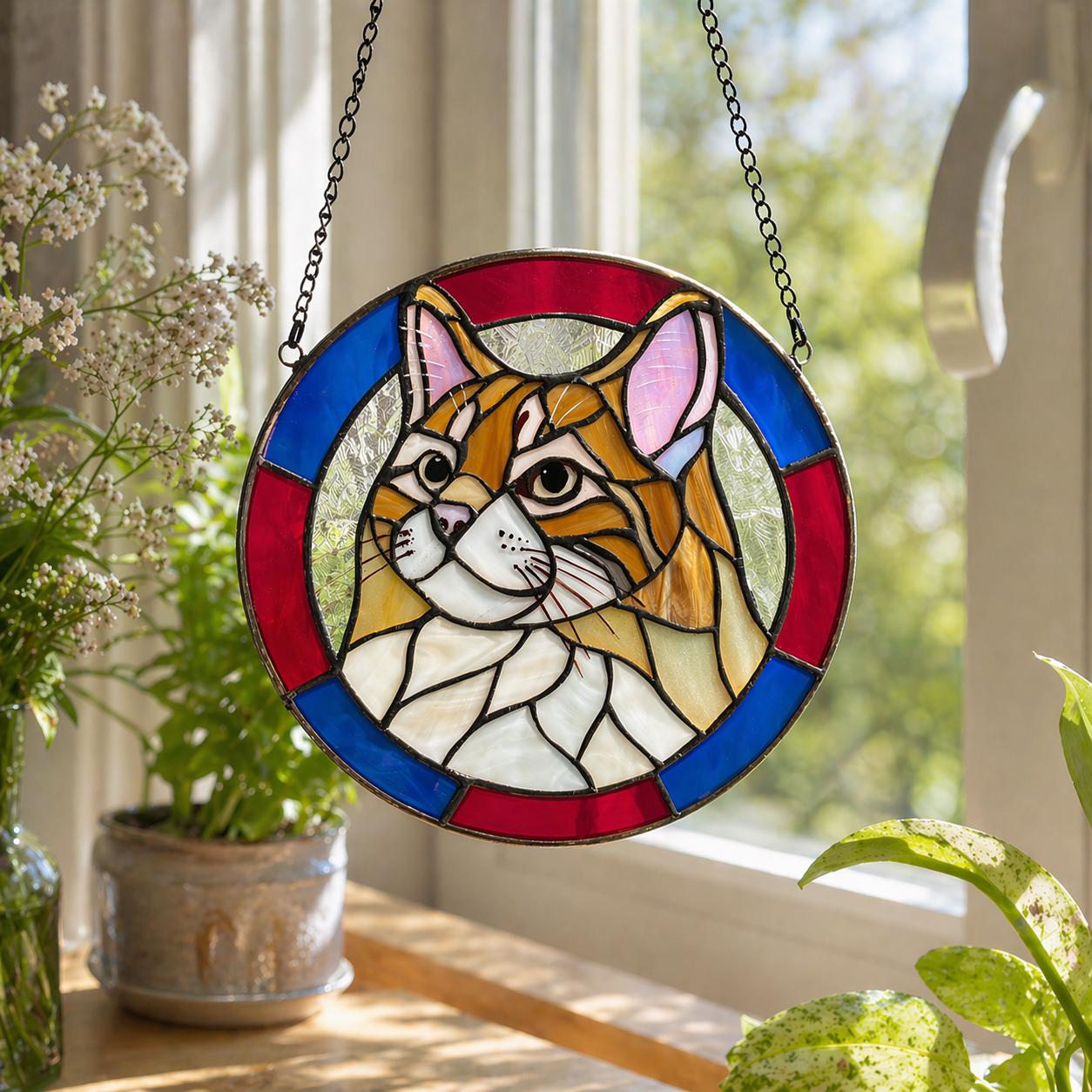 Custom Pet Portrait Stained Glass, Suncatcher Memorial Ornament, Cat ...