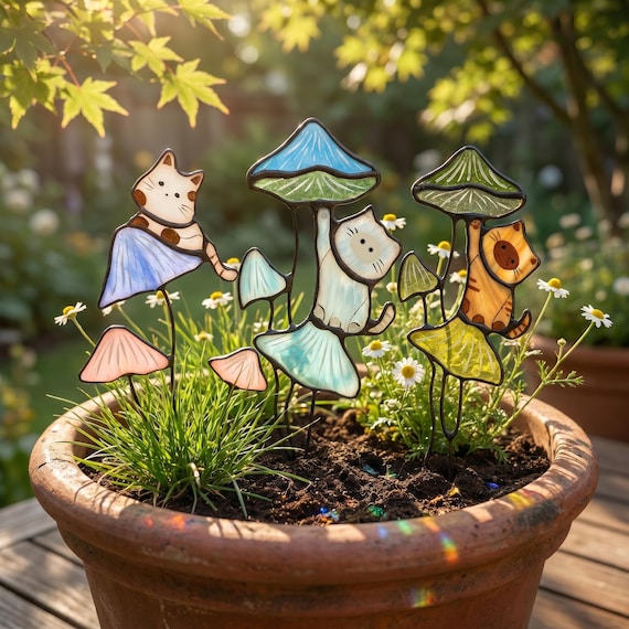 Stained Glass Cat Plant Stakes, Mushroom Garden Stake, Handmade Cat Decor, Cute Succulent Pot Stake, Plant Lover Gift
