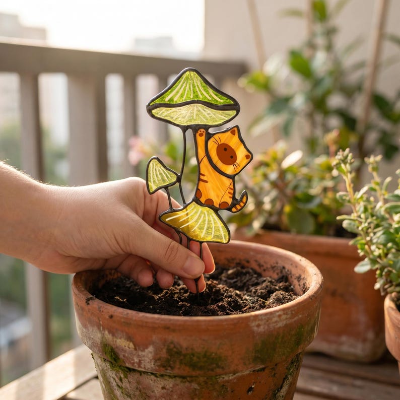 Puede incluir: Una estaca de planta de vidriera con un gato de dibujos animados posado en una seta. El gato es naranja con rayas marrones y una cara marr&oacute;n. La seta tiene un sombrero verde y branquias amarillas. La estaca se sostiene en una maceta de terracota.