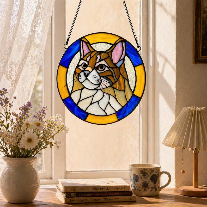 Custom Pet Portrait Stained Glass, Suncatcher Memorial Ornament, Cat ...