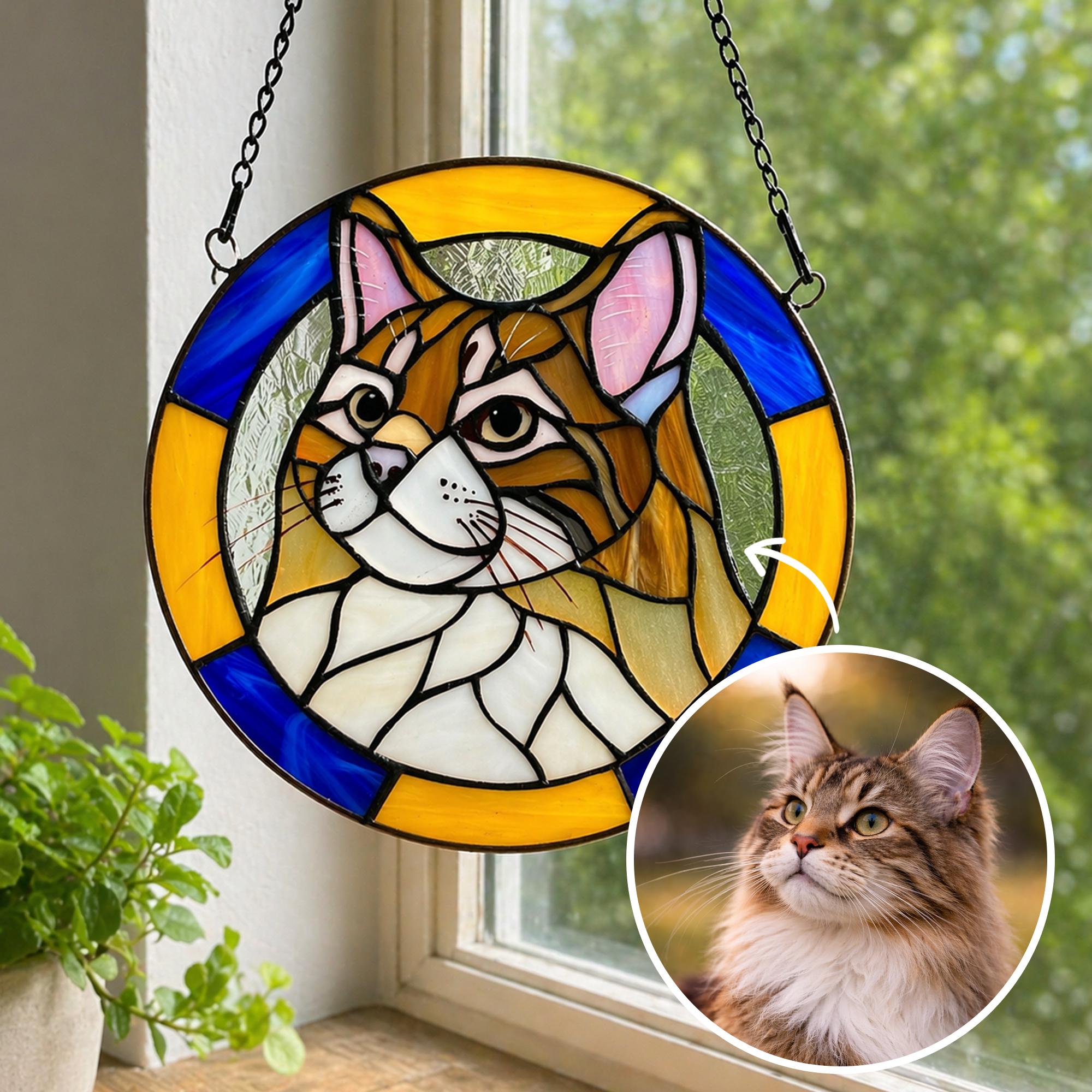 Custom Pet Portrait Stained Glass, Suncatcher Memorial Ornament, Cat ...