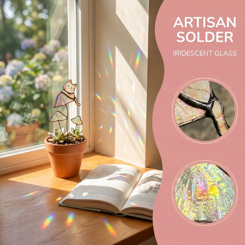 Puede incluir: Una maceta de terracota con una planta suculenta y una decoraci&oacute;n de gato y hongo de vidriera se encuentra en un alf&eacute;izar de madera. El texto "ARTISAN SOLDER IRIDESCENT GLASS" es visible. Un libro abierto est&aacute; en el alf&eacute;izar.