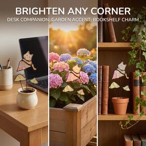 Puede incluir: Estacas decorativas de jard&iacute;n con forma de gato y seta. Las estacas se muestran en una maceta peque&ntilde;a sobre un escritorio, en un parterre y en una maceta de terracota en una estanter&iacute;a. El texto dice "BRIGHTEN ANY CORNER".