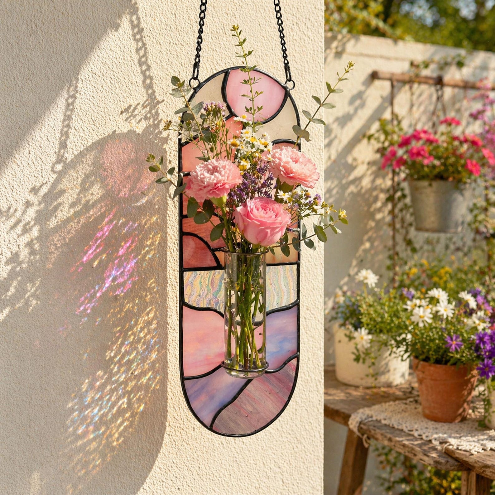 Stained Glass Propagation Vase, Hanging Glass Planter Suncatcher, Hydroponic Wall Decor, Handmade Boho Gift for Mom, Window Plant Holder - S（7.1"×2.4"）, #3（PURPLE）