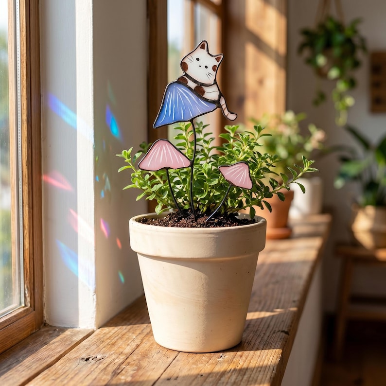 Puede incluir: Una maceta de terracota con una planta y estacas decorativas para jard&iacute;n. Las estacas representan un gato blanco con manchas marrones sobre una seta azul y dos setas rosas. La maceta est&aacute; sobre un alf&eacute;izar de madera.