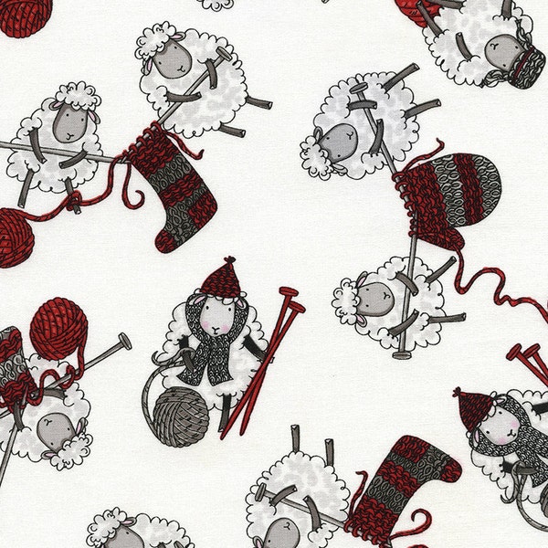 Timeless Treasures - Tossed Knitting Sheep - White - Novelty Fabric - Choose Your Cut 1/2 or Full Yard
