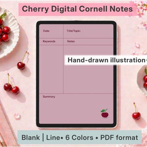 以下が含まれることがあります： ピンク色の背景に、チェリーのイラストが描かれたタブレット上のデジタルコーネルノートテンプレート。「Cherry Digital Cornell Notes」、「Hand-drawn illustration」、「Blank | Line • 6 Colors • PDF format」と書かれています。チェリーとペンも表示されています。