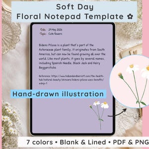 Könnte beinhalten: Eine digitale Notizblock-Vorlage mit dem Titel Soft Day Floral Notepad Template, die einen hellvioletten Hintergrund, handschriftlichen Text über Bidens Pilosa, eine handgezeichnete Blumenillustration und einen runden Ausschnitt zeigt.