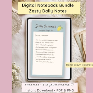 May include: A digital notepad bundle with a Zesty Summer theme displayed on a tablet. The notepad features a light blue background with a lemon illustration and handwritten notes. The image includes text: "Digital Notepads Bundle, Zesty Daily Notes."
