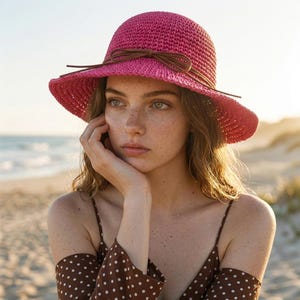Puede incluir: Un sombrero para el sol de color rosa brillante con un lazo marrón. El sombrero está hecho de material tejido y tiene un ala ancha. El sombrero lo lleva una persona en una playa.