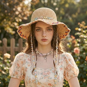 May include: A beige crochet sun hat with a wide brim, adorned with colorful floral trim and dangling beaded strands. The hat features a scalloped edge with a patterned design in shades of red, orange, and yellow. The hat is a stylish accessory.