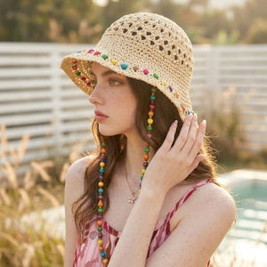 Cappello a secchiello in paglia con perline stile boho, pieghevole, estivo, da spiaggia, da sole, colorato, regalo per le vacanze