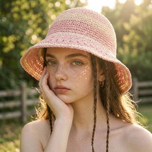 Pink Crochet Straw Sun Hat Wide Brim Foldable Beach Bucket Hat Summer Vacation Gift