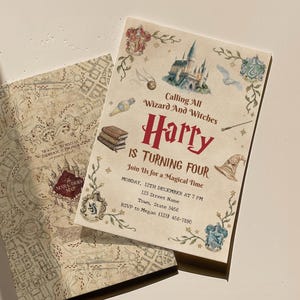 May include: Two themed invitations. One features a map design, the other reads "Calling All Wizard And Witches Harry IS TURNING FOUR" with event details. The invitations are beige with illustrations of a castle, books, and a wizard's hat.