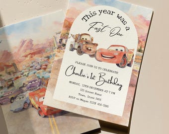 Cars 1st Birthday Invitation, Watercolor Race Car Theme (Digital Download)