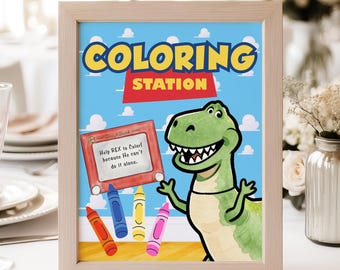 Toy Story Party Sign Rex Coloring Station, Kids Birthday Activity Decor (Digital Download)
