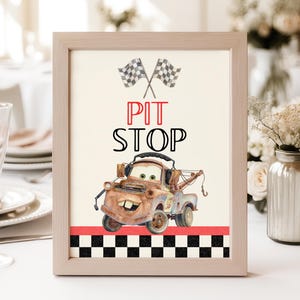Cars Pit Stop Birthday Sign, Watercolor Mater Food Station Poster (8x10 Digital Download) image 1