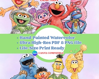 Sesame Street Birthday Clipart, Watercolor Elmo, Cookie Monster, Bert, Ernie (Digital Download)