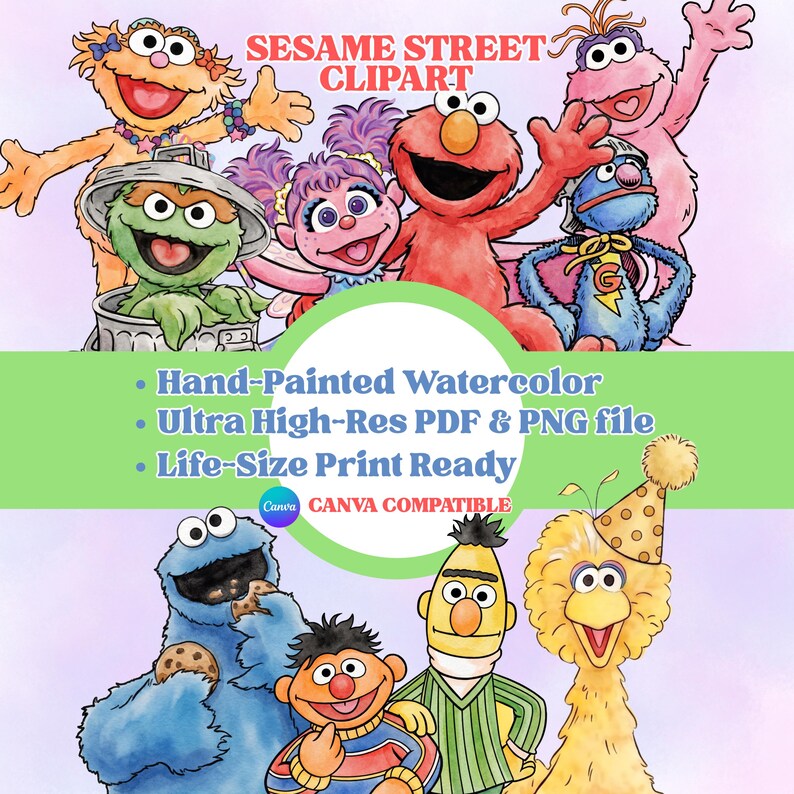 Sesame Street Birthday Clipart, Watercolor Elmo, Cookie Monster, Bert ...