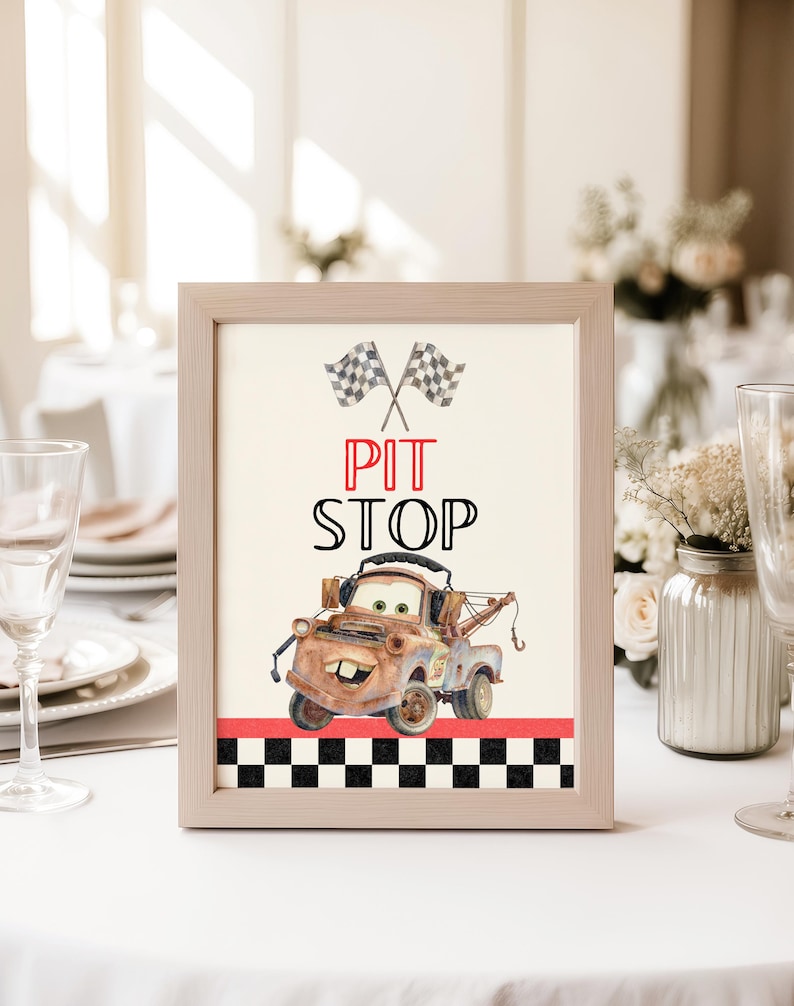 Cars Pit Stop Birthday Sign, Watercolor Mater Food Station Poster (8x10 Digital Download) image 1