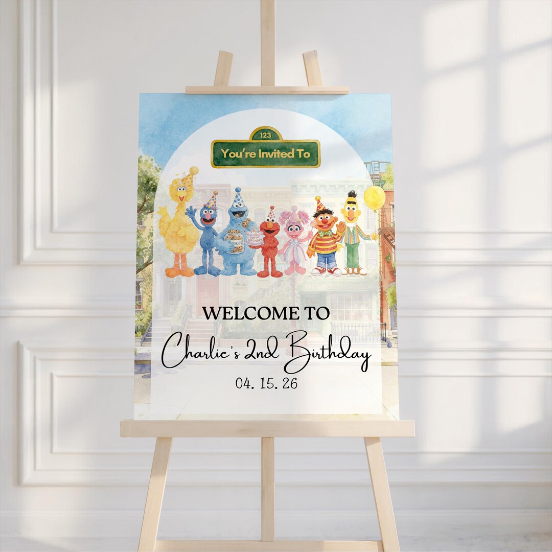 Sesame Street Watercolor Birthday Welcome Sign, Elmo Cookie Monster ...